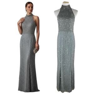 Ricci Wear Halter Neck Sequin Embellished Evening Gown Gray Silver Size M